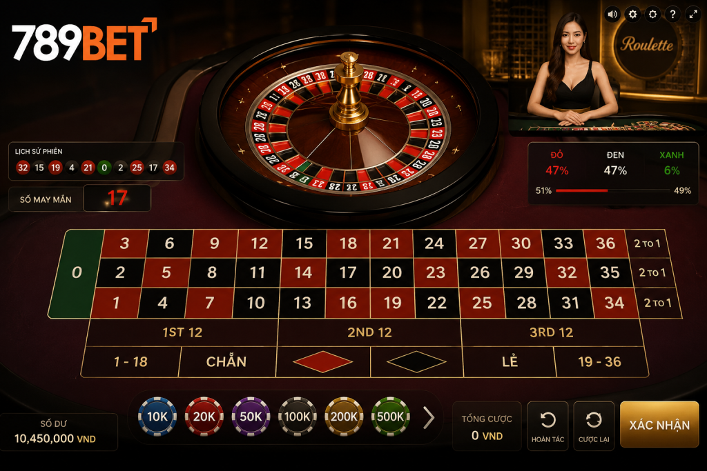 Giao diện bàn Roulette trực tuyến với vòng quay, bảng số và các cửa cược tại 789BET