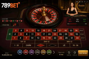 Giao diện bàn Roulette trực tuyến với vòng quay, bảng số và các cửa cược tại 789BET
