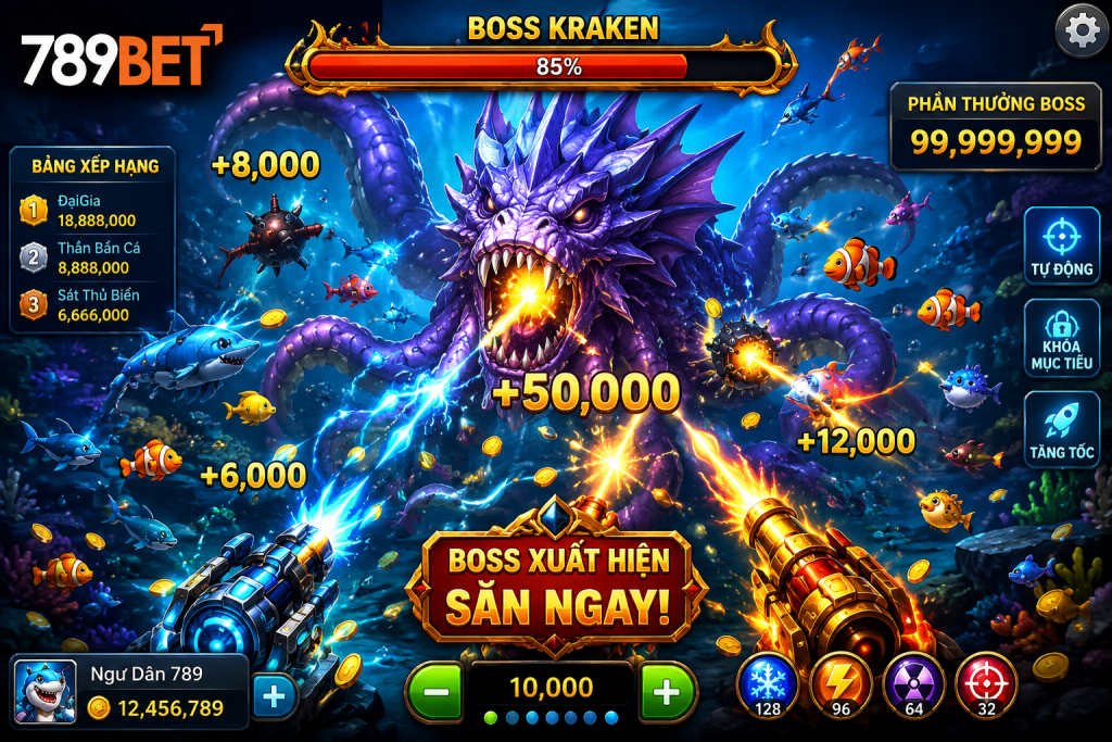 Giao diện Bắn Cá Boss với Boss khổng lồ xuất hiện giữa đại dương