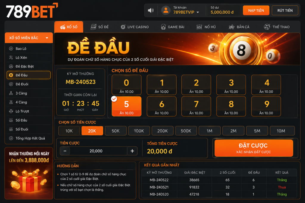 Giao diện bảng cược Đề Đầu với các lựa chọn số từ 0 đến 9 tại 789BET