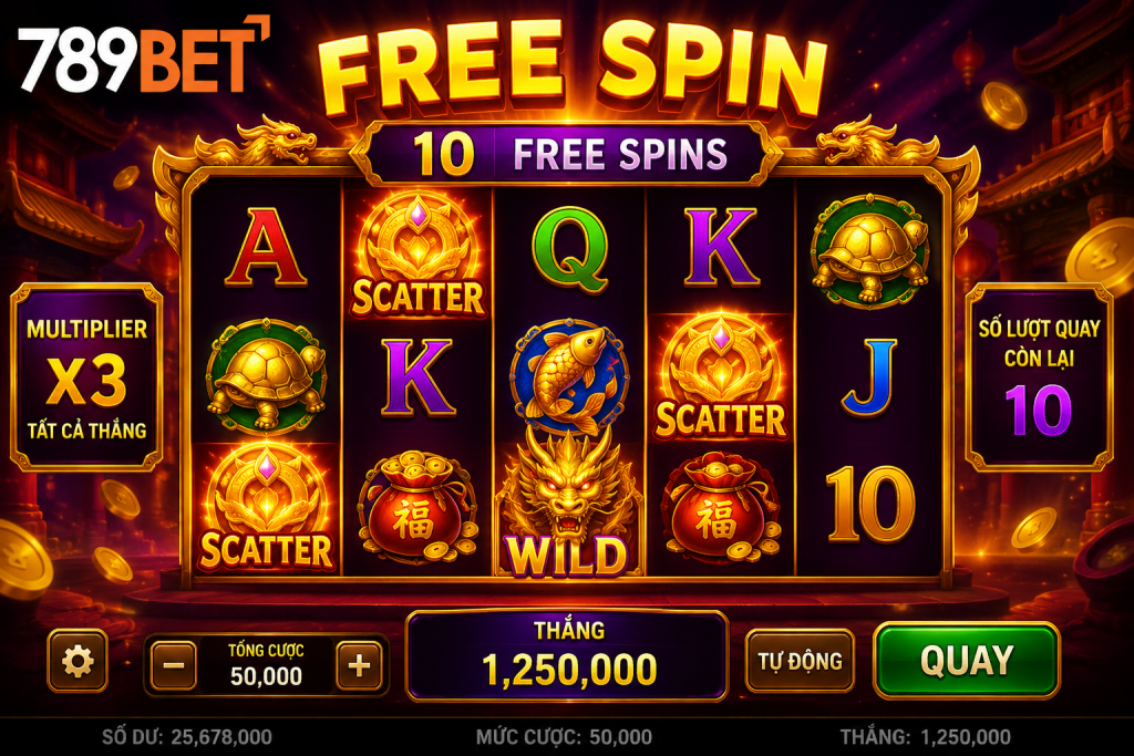 Giao diện tính năng Free Spin với các cuộn quay slot, biểu tượng Scatter, Wild và bộ đếm số lượt quay miễn phí còn lại