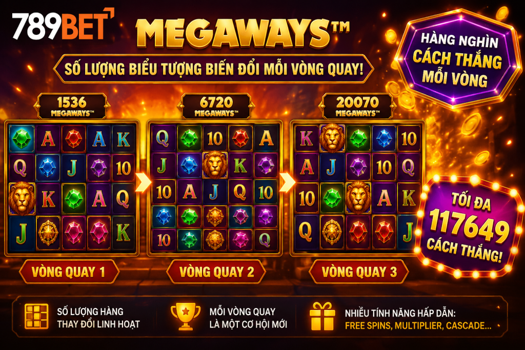 Giao diện tính năng Megaways với nhiều cuộn quay, số lượng biểu tượng biến đổi và hàng nghìn cách thắng nổi bật