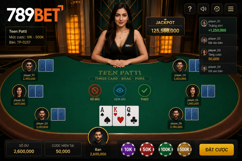 Giao diện bàn Teen Patti giúp người chơi theo dõi bài và các lựa chọn cược trong ván.